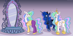 Size: 1340x670 | Tagged: safe, artist:hellarmy, princess celestia, princess luna, principal celestia, alicorn, unicorn, equestria girls, g4, equestria girls ponified, gradient background, human pony celestia, ponified, race swap, self ponidox, unicorn celestia, unicorn principal celestia