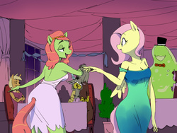 Size: 1024x768 | Tagged: safe, artist:swomswom, applejack, discord, fluttershy, smooze, tree hugger, earth pony, pegasus, anthro, g4, bedroom eyes, bow, bowtie, chair, clothes, female, grand galloping gala, hat, jealous, open mouth, plant, sitting, smiling, table