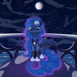 Size: 3840x3840 | Tagged: safe, artist:roadsleadme, princess luna, alicorn, pony, g4, .svg available, balcony, clothes, female, flower, flower in hair, full moon, high res, hoof shoes, moon, night, sitting, smiling, socks, solo, spread wings, stars, vector