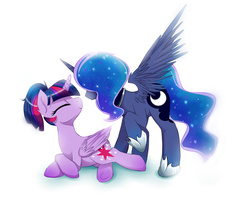 Size: 1600x1354 | Tagged: dead source, safe, artist:magnaluna, princess luna, twilight sparkle, alicorn, pony, alternate hairstyle, ethereal mane, eyes closed, female, imminent kissing, lesbian, lying down, mare, ponytail, prone, raised hoof, shipping, simple background, smiling, spread wings, starry mane, twilight sparkle (alicorn), twiluna, underhoof, white background
