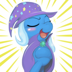 Size: 1000x1000 | Tagged: safe, artist:ushiro no kukan, trixie, pony, unicorn, g4, blushing, cute, diatrixes, eyes closed, female, mare, open mouth, raised hoof, smiling, smug, solo, sparkles, sunburst background