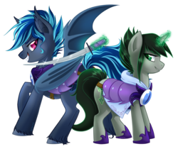 Size: 1280x1074 | Tagged: safe, artist:skjolty, oc, oc only, oc:emile nightcaster, oc:gale, bat pony, pony, armor, magic, sword, weapon