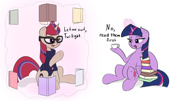 Size: 1359x800 | Tagged: safe, artist:augustbebel, moondancer, twilight sparkle, alicorn, pony, g4, book, book cell, bookhorse, coffee, dialogue, female, magic, mare, that pony sure does love books, twilight sparkle (alicorn)