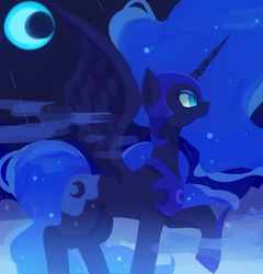 Size: 1200x1250 | Tagged: safe, artist:kkmrarar, nightmare moon, alicorn, pony, g4, crescent moon, female, frown, mare, moon, night, raised hoof, solo, spread wings, wings