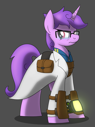 Size: 2400x3200 | Tagged: safe, artist:drawponies, oc, oc only, oc:technical circuits, pony, unicorn, fallout equestria, clothes, cracked horn, female, glasses, high res, horn, lab coat, pipbuck, saddle bag, scientist, solo