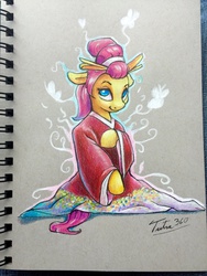 Size: 960x1280 | Tagged: safe, artist:tsitra360, fluttershy, g4, alternate hairstyle, clothes, colored pencil drawing, female, japanese, kimono (clothing), sketchbook, solo, traditional art
