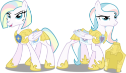 Size: 4292x2500 | Tagged: dead source, safe, artist:xebck, star catcher, starshine, pegasus, pony, g1, g3, g4, armor, duo, duo female, female, g1 to g4, g3 to g4, generation leap, helmet, mare, open mouth, royal guard, simple background, sisters, smiling, transparent background, vector