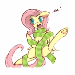 Size: 1000x1000 | Tagged: safe, artist:lumineko, fluttershy, pony, g4, blushing, clothes, female, help, scarf, solo, strategically covered, underhoof