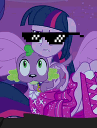 Size: 456x604 | Tagged: safe, edit, edited screencap, screencap, rarity, spike, twilight sparkle, dog, equestria girls, g4, my little pony equestria girls, boots, clothes, deal with it, dress, fall formal outfits, glasses, high heel boots, ponied up, spike the dog, sunglasses, swag glasses, twilight ball dress