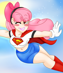 Size: 1555x1805 | Tagged: safe, artist:blackbewhite2k7, apple bloom, human, g4, belly button, clothes, crossover, female, flying, humanized, midriff, skirt, solo, supergirl