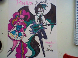 Size: 640x480 | Tagged: safe, artist:cadence1234, pinkie pie, demon, equestria girls, g4, my little pony equestria girls: rainbow rocks, crossover, dan, dan vs, electric guitar, guitar, humanized, musical instrument, ponied up, traditional art, winged humanization
