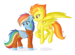 Size: 1023x758 | Tagged: safe, artist:felcia, rainbow dash, spitfire, pegasus, pony, g4, b-f16, bound wings, chains, clothes, crying, duo, duo female, female, mare, prison outfit, prisoner, prisoner rd, sad, simple background, smiling, transparent background