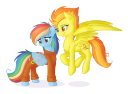 Size: 1023x758 | Tagged: safe, artist:felcia, rainbow dash, spitfire, pegasus, pony, g4, b-f16, bound wings, chains, clothes, crying, duo, duo female, female, jumpsuit, mare, prison outfit, prisoner, prisoner rd, sad, simple background, smiling, transparent background