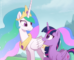 Size: 1000x809 | Tagged: safe, artist:akeahi, princess celestia, twilight sparkle, alicorn, pony, g4, duo, female, folded wings, looking at each other, looking at someone, mare, open mouth, outdoors, raised hoof, smiling, turned head, twilight sparkle (alicorn), wings