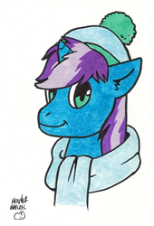 Size: 1744x2565 | Tagged: safe, artist:angieness, oc, oc only, oc:gyro tech, pony, unicorn, clothes, hat, portrait, scarf, traditional art
