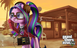 Size: 2880x1800 | Tagged: safe, artist:supermare, aria blaze, pony, clothes, crossover, deviantart watermark, equestria girls ponified, female, glasses, grand theft auto, gta v, headphones, obtrusive watermark, ponified, ron jakowski, solo, video game, watermark