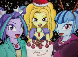 Size: 1044x765 | Tagged: safe, artist:jet-ann, adagio dazzle, aria blaze, sonata dusk, equestria girls, g4, cake, christmas, hat, looking at you, open mouth, reindeer antlers, santa hat, smiling, strawberry, the dazzlings