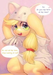 Size: 480x679 | Tagged: safe, artist:aruurara, applejack, g4, applecat, cat hoodie, clothes, cute, daaaaaaaaaaaw, dialogue, embarrassed, female, jackabetes, looking at you, offscreen character, solo, speech bubble, translation, wingding eyes