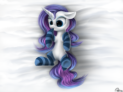 Size: 1600x1200 | Tagged: safe, artist:luminousdazzle, rarity, pony, unicorn, g4, bed, clothes, cute, female, raribetes, socks, solo, striped socks