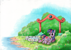 Size: 2000x1409 | Tagged: safe, artist:ecmonkey, twilight sparkle, alicorn, pony, g4, book, female, garden, mare, scenery, solo, twilight sparkle (alicorn), well