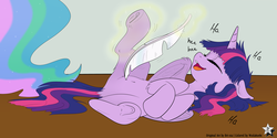 Size: 4500x2250 | Tagged: safe, artist:bri-sta, artist:wodahseht, princess celestia, twilight sparkle, alicorn, pony, g4, belly, belly button, blushing, crying, cute, dock, eyes closed, feather, featureless crotch, female, high res, hooves up, laughing, magic, mare, on back, open mouth, ship:twilestia, shipping, smiling, teary eyes, telekinesis, tickling, twiabetes, twilight sparkle (alicorn), underhoof