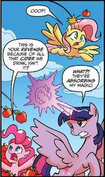 Size: 518x871 | Tagged: safe, idw, official comic, fluttershy, twilight sparkle, alicorn, earth pony, living apple, pegasus, pony, g4, night of the living apples, spoiler:comic, spoiler:comic32, apple, blast, female, food, magic, magic blast, mare, speech bubble, twilight sparkle (alicorn)
