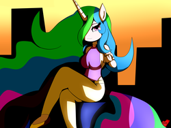 Size: 4000x3000 | Tagged: safe, artist:mytatsur, princess celestia, anthro, hoofbeat 2, g4, beckoning, breasts, clothes, come hither, female, hoofbeat, pointing, sideboob, sitting, solo