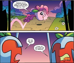 Size: 1267x1073 | Tagged: safe, idw, official comic, pinkie pie, living apple, g4, night of the living apples, spoiler:comic, spoiler:comic32, apple, apple pinkie, comic, dialogue, female, helmet, open mouth, open smile, smiling, spear, speech bubble, transformation, weapon