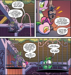 Size: 1269x1345 | Tagged: safe, artist:tony fleecs, idw, official comic, good apple, pinkie pie, spike, dragon, living apple, friendship is magic #32, g4, night of the living apples, spoiler:comic, apple, apple (company), apple pinkie, cage, comic, female, glasses, imprisoned, lampshade hanging, male, species swap, speech bubble