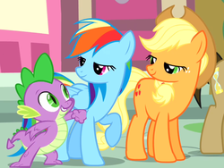 Size: 1153x869 | Tagged: safe, edit, edited screencap, hundreds of users filter this tag, screencap, applejack, rainbow dash, spike, g4, pinkie pride, applespikedash, bedroom eyes, bisexual, cropped, female, lesbian, male, polyamory, ship:applespike, ship:rainbowspike, shipping, smiling, straight