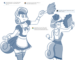 Size: 1274x1027 | Tagged: safe, artist:whatsapokemon, oc, oc only, oc:heart song, crystal pony, anthro, bedroom eyes, clothes, dress, duster, female, flapper, maid, monochrome, pearl, skirt, smiling, socks, stockings, thigh highs, zettai ryouiki
