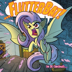 Size: 660x655 | Tagged: safe, artist:tony fleecs, idw, official comic, fluttershy, bat pony, pony, g4, night of the living apples, spoiler:comic, spoiler:comic32, female, flutterbat, mare, open mouth, solo, speech bubble, spread wings, to be continued, wings