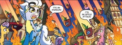 Size: 1263x468 | Tagged: safe, artist:tonyfleecs, idw, official comic, babs seed, cheerilee, flash sentry, fleetfoot, sunflower (g4), earth pony, living apple, pegasus, pony, g4, night of the living apples, spoiler:comic, spoiler:comic32, apple, clothes, death from above, female, fire, food, goggles, invasion, mare, ponyville, speech bubble, uniform, wonderbolts uniform