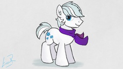 Size: 800x450 | Tagged: safe, artist:thewintercolt, double diamond, earth pony, pony, g4, clothes, cute, daaaaaaaaaaaw, double dawwmond, looking at you, male, scarf, simple background, smiling, solo, stallion