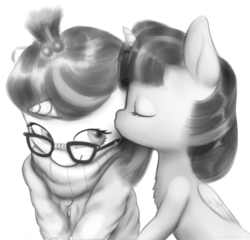 Size: 760x729 | Tagged: safe, artist:zippysqrl, moondancer, twilight sparkle, alicorn, pony, g4, cheek kiss, clothes, cute, dancerbetes, eyes closed, female, fluffy, glasses, grayscale, kissing, lesbian, mare, monochrome, ship:twidancer, shipping, smiling, sweater, twiabetes, twilight sparkle (alicorn)