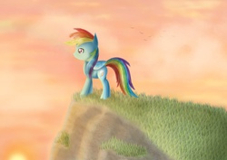 Size: 1062x752 | Tagged: safe, artist:chanceyb, rainbow dash, pegasus, pony, g4, female, hill, scenery, solo, sunset