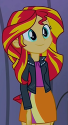 Size: 569x1044 | Tagged: safe, screencap, sunset shimmer, equestria girls, g4, my little pony equestria girls: rainbow rocks, clothes, cropped, female, grin, halter top, jacket, leather, leather jacket, orange skirt, skirt, smiling, solo, sunset shimmer's skirt