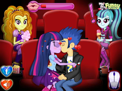 Size: 696x521 | Tagged: safe, adagio dazzle, flash sentry, sonata dusk, twilight sparkle, equestria girls, g4, blushing, cinema, exclamation point, female, flash game, fynsy, game, kissing, love, male, ship:flashlight, shipping, straight