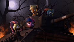 Size: 1920x1080 | Tagged: safe, artist:indexpony, applejack, fluttershy, rainbow dash, twilight sparkle, g4, 3d, crossover, m4 sherman, source filmmaker, tank (vehicle)