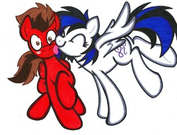 Size: 1024x784 | Tagged: safe, artist:stazik, oc, oc only, oc:ponyfirestone, oc:scribble sonnet, pegasus, pony, licking, surprised, tongue out, traditional art