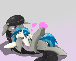 Size: 3000x2400 | Tagged: safe, artist:shippo mochi, dj pon-3, octavia melody, vinyl scratch, g4, female, high res, lesbian, pixiv, ship:scratchtavia, shipping, underhoof