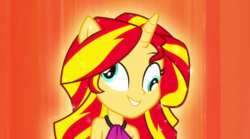 Size: 1280x714 | Tagged: safe, artist:rivalcat, edit, edited edit, edited screencap, screencap, sunset shimmer, equestria girls, g4, my little pony equestria girls: rainbow rocks, derp, female, grin, happy, horn, majestic, ponied up, smiling, solo, sunshine shimmer