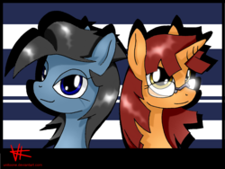 Size: 1373x1030 | Tagged: safe, artist:unitoone, oc, oc only, oc:holly diver, oc:miss spelling, pegasus, pony, unicorn, fanfic:the ballad of twilight sparkle, duo, duo female, fanfic art, female, glasses, mare, portrait
