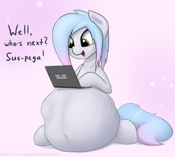 Size: 1642x1480 | Tagged: safe, artist:augustbebel, oc, oc only, oc:vorepone, pony, belly, belly button, female, fetish, mare, notebook, ponies eating humans, sitting, solo, vore