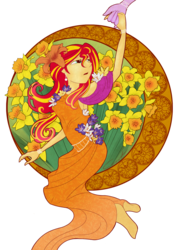 Size: 1024x1448 | Tagged: safe, artist:katrittaja, sunset shimmer, twilight sparkle, equestria girls, g4, apollonian gasket, armpits, flower, modern art, nouveau, offscreen character, solo focus