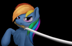 Size: 1020x660 | Tagged: safe, artist:xormak, rainbow dash, g4, female, katana, mouth hold, solo, sword, weapon