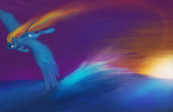 Size: 1280x828 | Tagged: safe, artist:xormak, rainbow dash, g4, female, rainbow trail, solo, water, wings