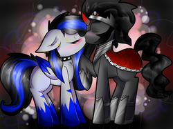 Size: 2543x1900 | Tagged: safe, artist:lightningflash26, king sombra, oc, pegasus, pony, g4, blushing, canon x oc, cape, clothes, collar, earring, female, kissing, male, piercing, shipping, straight