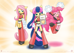 Size: 1209x866 | Tagged: safe, artist:howxu, bon bon, fluttershy, pinkie pie, sweetie drops, earth pony, anthro, g4, ambiguous facial structure, belly button, crossover, elite beat agents, midriff, rhythm game, secret agent sweetie drops, trio