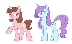 Size: 1250x770 | Tagged: safe, artist:carnifex, oc, oc only, oc:malafide, oc:marasmus, changeling, changeling queen, pony, unicorn, disguise, disguised changeling, duo, female, mare, raised hoof, simple background, smiling, white background